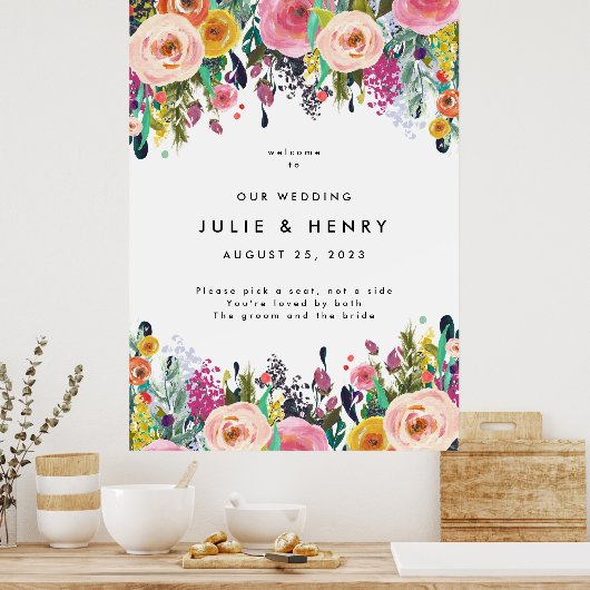 Farbenfroher Blumengarten Hochzeit Willkommen Poster (Küche)