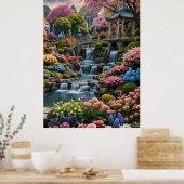 Farbenfroher Blumengarten mit Wasserfällen Poster (Küche)