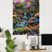 Farbenfroher Blumengarten mit Wasserfällen Poster (Heimbüro)