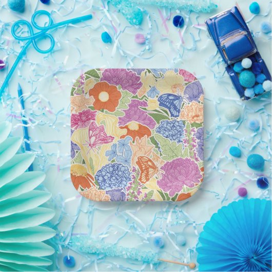 Farbenfroher Blumengarten und Schmetterlinge Pappteller (Party)