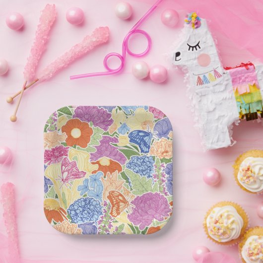 Farbenfroher Blumengarten und Schmetterlinge Pappteller (Party)