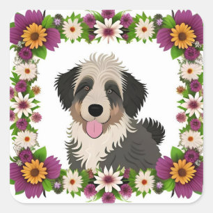 Farbenfroher Blumenrahmen mit süßer Hunde-Illustra Quadratischer Aufkleber