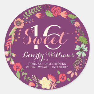 Farbenfroher Blumenstrauß auf Lila Süß 16 Runder Aufkleber