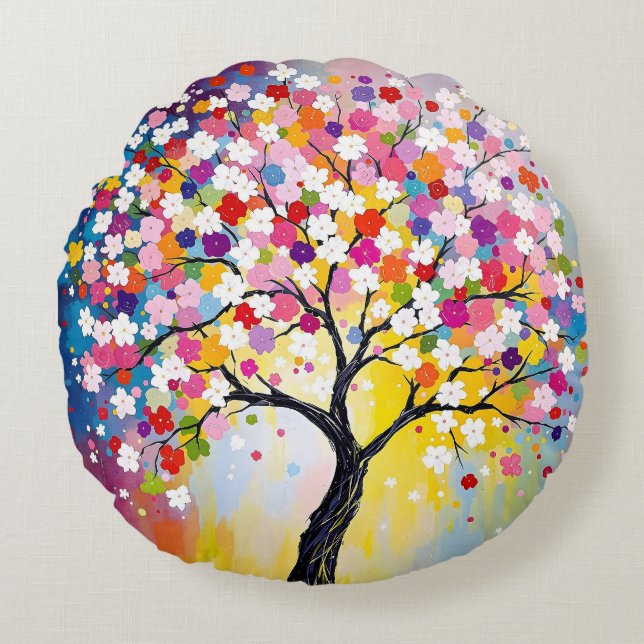 Farbenfroher Blütenbaum Rundes Kissen (Vorderseite)