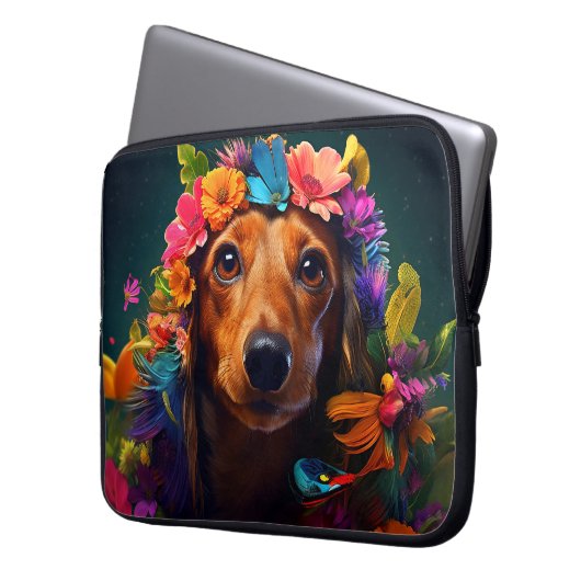 Farbenfroher brauner Hund mit Blumenkranz Laptopschutzhülle (Vorderseite Links)