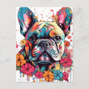 Farbenfroher Bulldogge mit Blume Postkarte