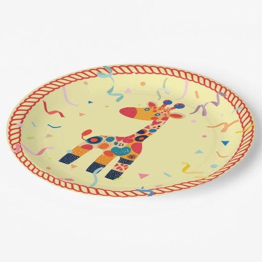Farbenfroher Cartoon Giraffe mit Confetti Pappteller (Schrägansicht)