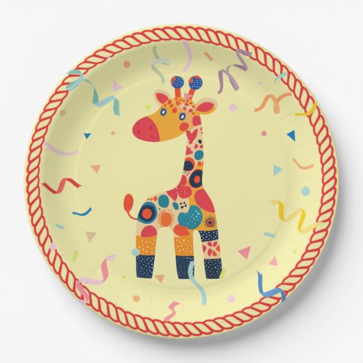 Farbenfroher Cartoon Giraffe mit Confetti Pappteller (Vorderseite)