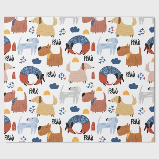 Farbenfroher Cartoon verrückte, flauschige Hundedo Geschenkpapier (Flach)