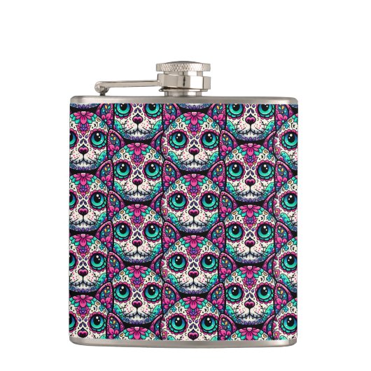 Farbenfroher Cat Sugar Skull Flachmann (Vorderseite)