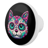 Farbenfroher Cat Sugar Skull Keramikknauf (Rechts)