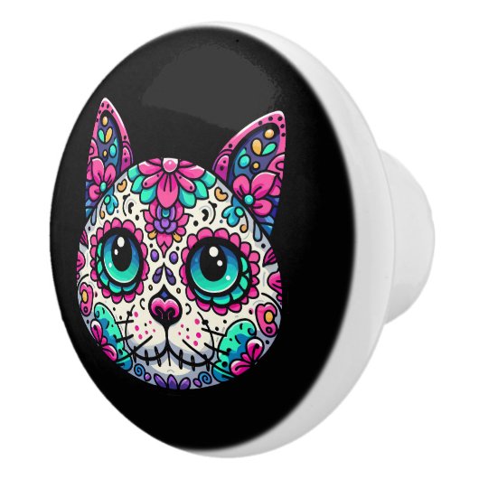 Farbenfroher Cat Sugar Skull Keramikknauf (Rechts)