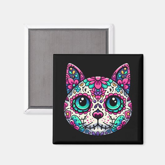 Farbenfroher Cat Sugar Skull Magnet (Vorderseite/Rückseite)