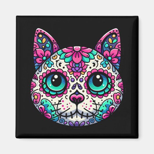 Farbenfroher Cat Sugar Skull Magnet (Vorne)