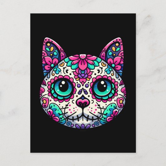 Farbenfroher Cat Sugar Skull Postkarte (Vorderseite)