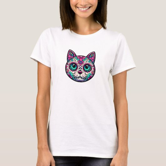 Farbenfroher Cat Sugar Skull T-Shirt (Vorderseite)