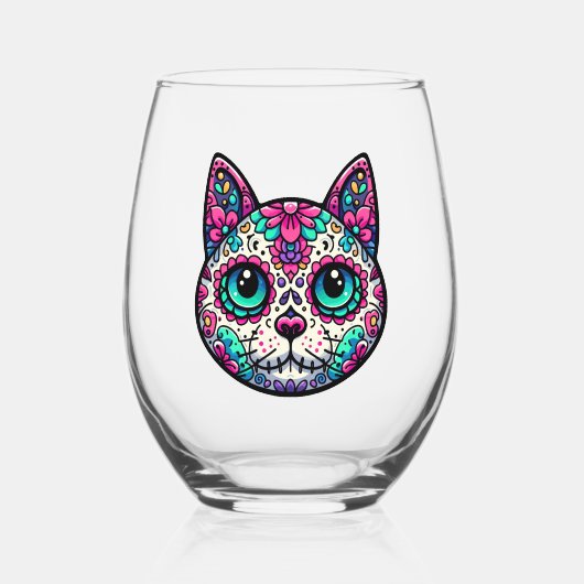Farbenfroher Cat Sugar Skull Weinglas Ohne Stiel (Vorderseite)