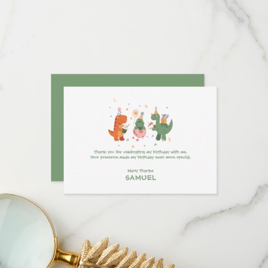 Farbenfroher Childish Dinosaurier-Kindergeburtstag Dankeskarte (Vorderseite/Rückseite Beispiel)