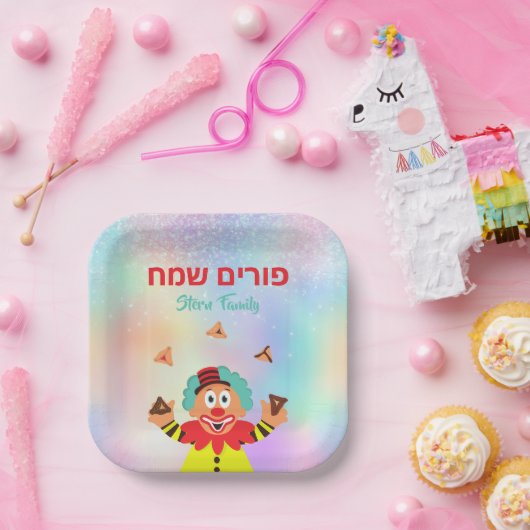 Farbenfroher Clown Hamantash Happy Purim Pappteller (Party)