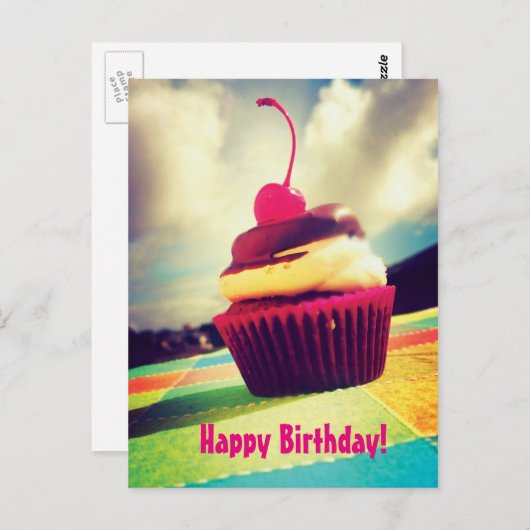 Farbenfroher Cupcake mit Cherry oben Postkarte (Vorne/Hinten)