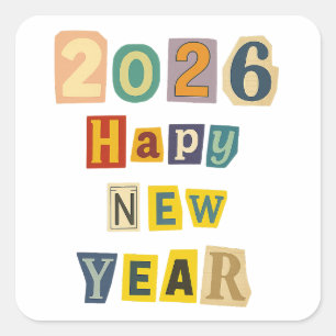 Farbenfroher Cutout "Happy New Year 2026" Collage Quadratischer Aufkleber