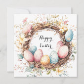 Farbenfroher dekorativer Kranz Ostereier mit Flo Einladung (Vorderseite)