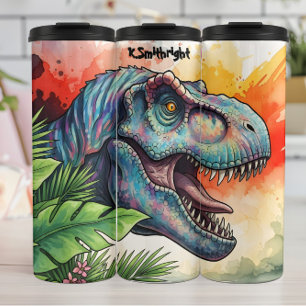 Farbenfroher Dinosaurier Tropische Blätter Brüllen Thermosbecher