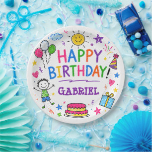Farbenfroher Doodle Froher Geburtstag Benutzerdefi Pappteller