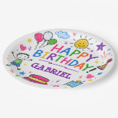 Farbenfroher Doodle Froher Geburtstag Benutzerdefi Pappteller (Schrägansicht)