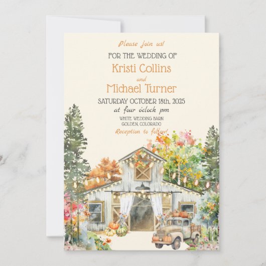 Farbenfroher Fall Rustikaler Weißer Stall Einladun Einladung (Vorderseite)