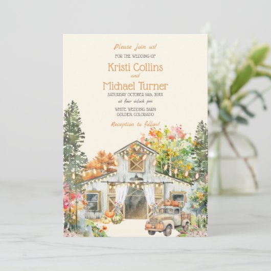 Farbenfroher Fall Rustikaler Weißer Stall Einladun Einladung (Stehend Vorderseite)