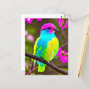 Farbenfroher Fantasy-Vogel auf einem Zweig mit Blu Postkarte