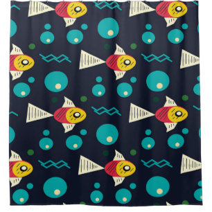 Farbenfroher Fisch mit Wellen im Meer. Geometrie Duschvorhang