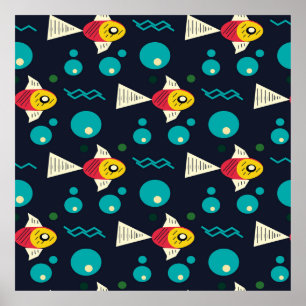 Farbenfroher Fisch mit Wellen im Meer. Geometrie Poster