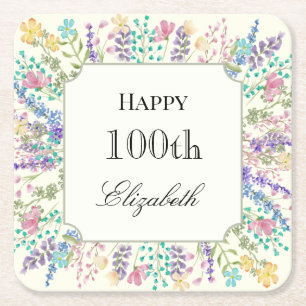 Farbenfroher floraler 100. Geburtstagspapier- Unte Rechteckiger Pappuntersetzer