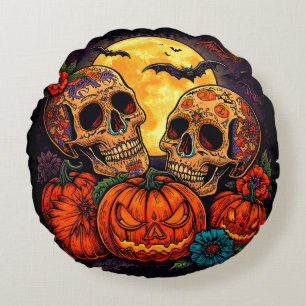 Farbenfroher floraler Calavera-Zuckerschädel, Hall Rundes Kissen