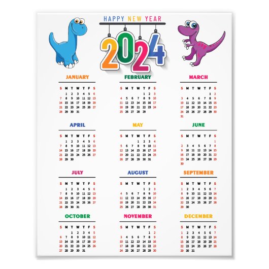Farbenfroher Funny Dinosaur 2024 Kalender Fotodruck (Vorne)