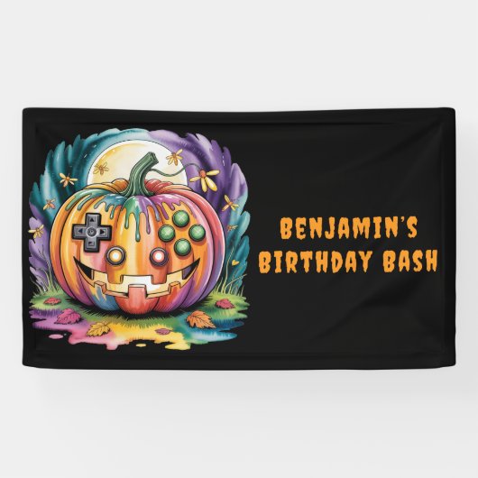 Farbenfroher Gamer Pumpkin Halloween Bash Banner (Horizontal)