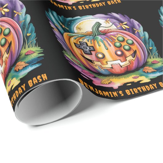 Farbenfroher Gamer Pumpkin Halloween Bash Geschenkpapier (Rolleneckpunkt)