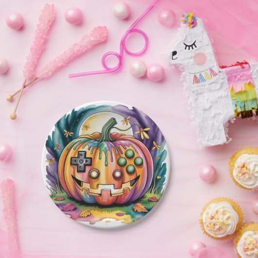 Farbenfroher Gamer Pumpkin Halloween Bash Pappteller (Party)