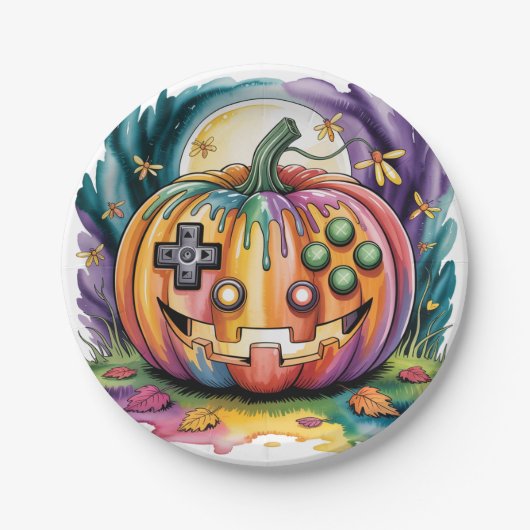 Farbenfroher Gamer Pumpkin Halloween Bash Pappteller (Vorderseite)