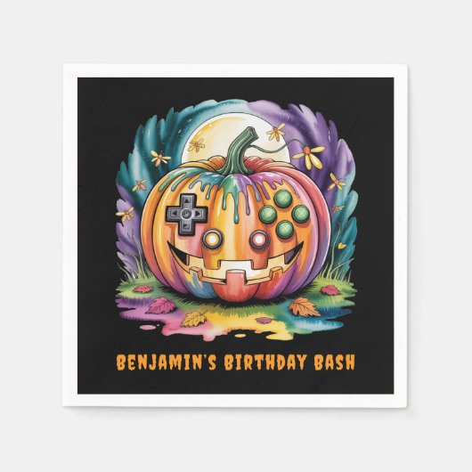 Farbenfroher Gamer Pumpkin Halloween Bash Serviette (Vorderseite)