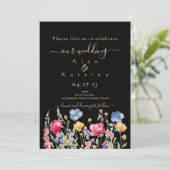 Farbenfroher Garten Boho Wildblume Auf Schwarz Einladung (Stehend Vorderseite)
