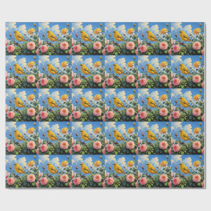 Farbenfroher gelber Vogel und hübsche rosa Rosen Geschenkpapier