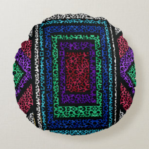 Farbenfroher geometrischer Regenbogen-Schneeleopar Rundes Kissen