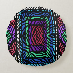 Farbenfroher geometrischer Regenbogen-Zebra-Tierdr Rundes Kissen