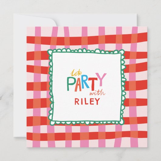 Farbenfroher Gingham "Lass's Party" Individuelle N Einladung (Vorderseite)