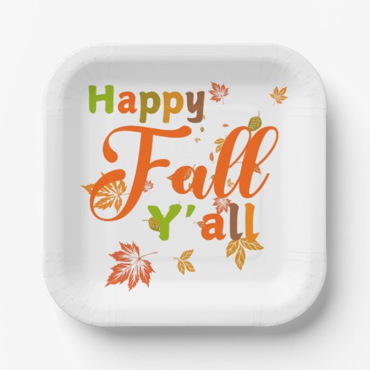 Farbenfroher glücklicher Fall Y'all mit Herbstblät Pappteller (Vorderseite)