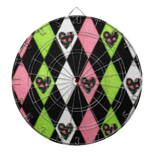 Farbenfroher Harlekin-Druck mit Rosenherzen Dartscheibe