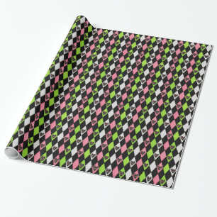Farbenfroher Harlekin-Druck mit Rosenherzen Geschenkpapier